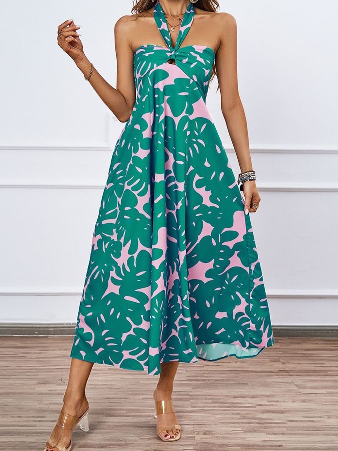 

LULU & SKY Tropical Print Halter Neck Fit & Flare Midi Dress, Green