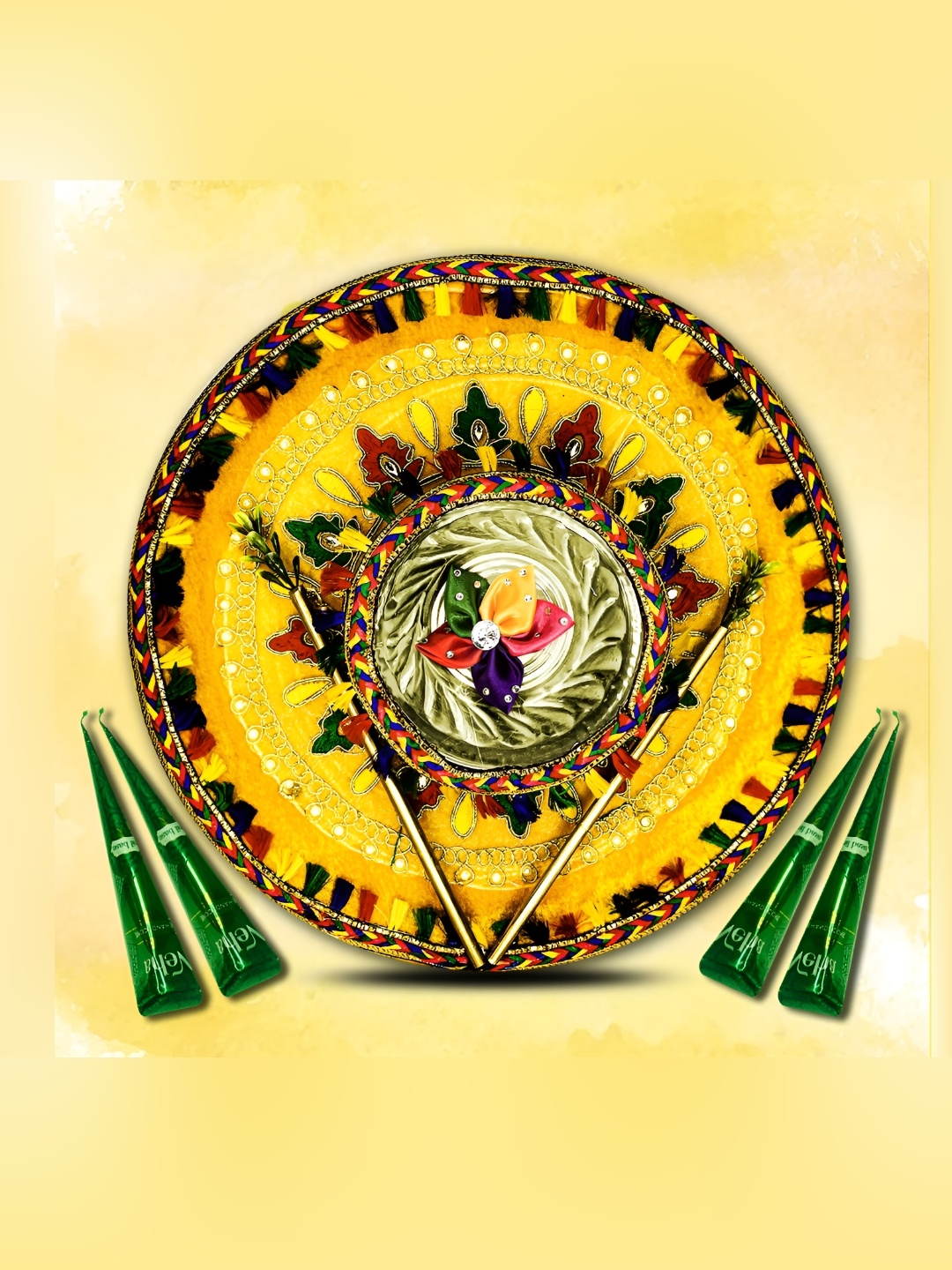 

ME & YOU Yellow & Red Haldi Thali With 4 Pieces Mehendi Cones