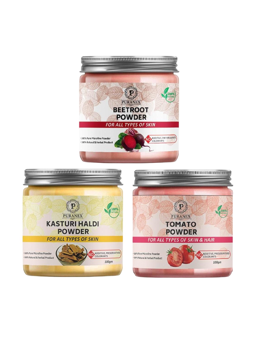 

Puranex Set Of 3 Beet Root, Kasturi Haldi & Tomato Powder - 100 gm Each, White