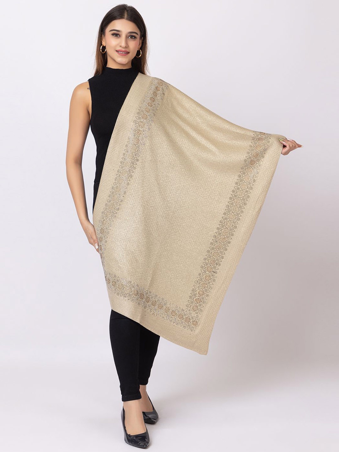

PASHGIRI Women Floral Embroidered Shawl, Camel brown