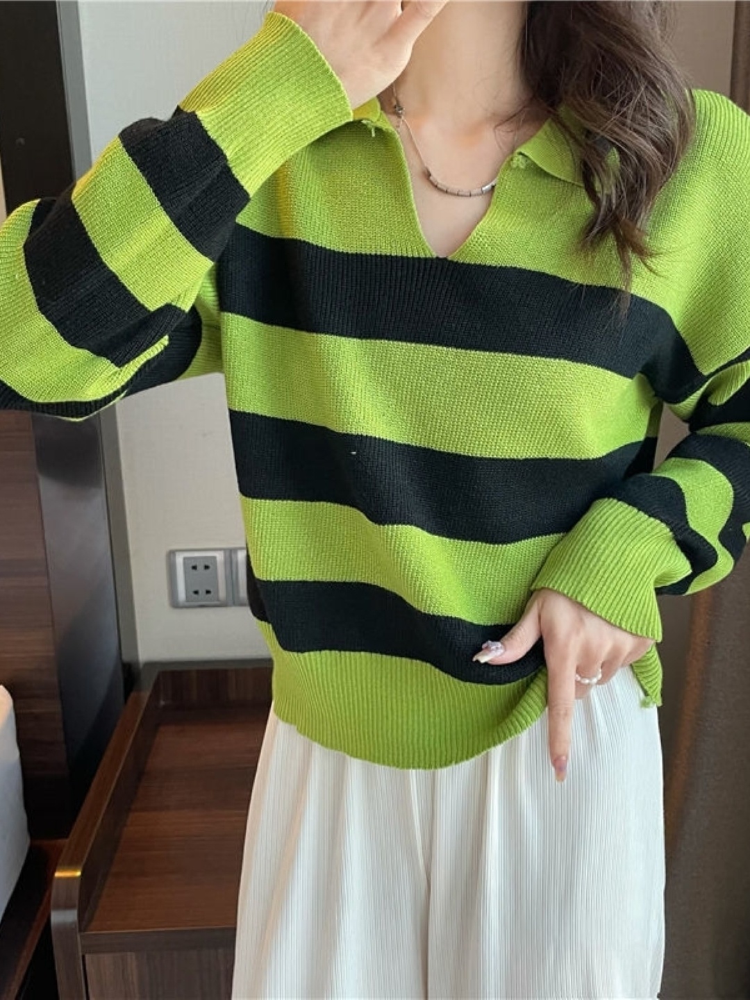 

HERE&NOW Striped Shirt Collar Cotton Top, Green