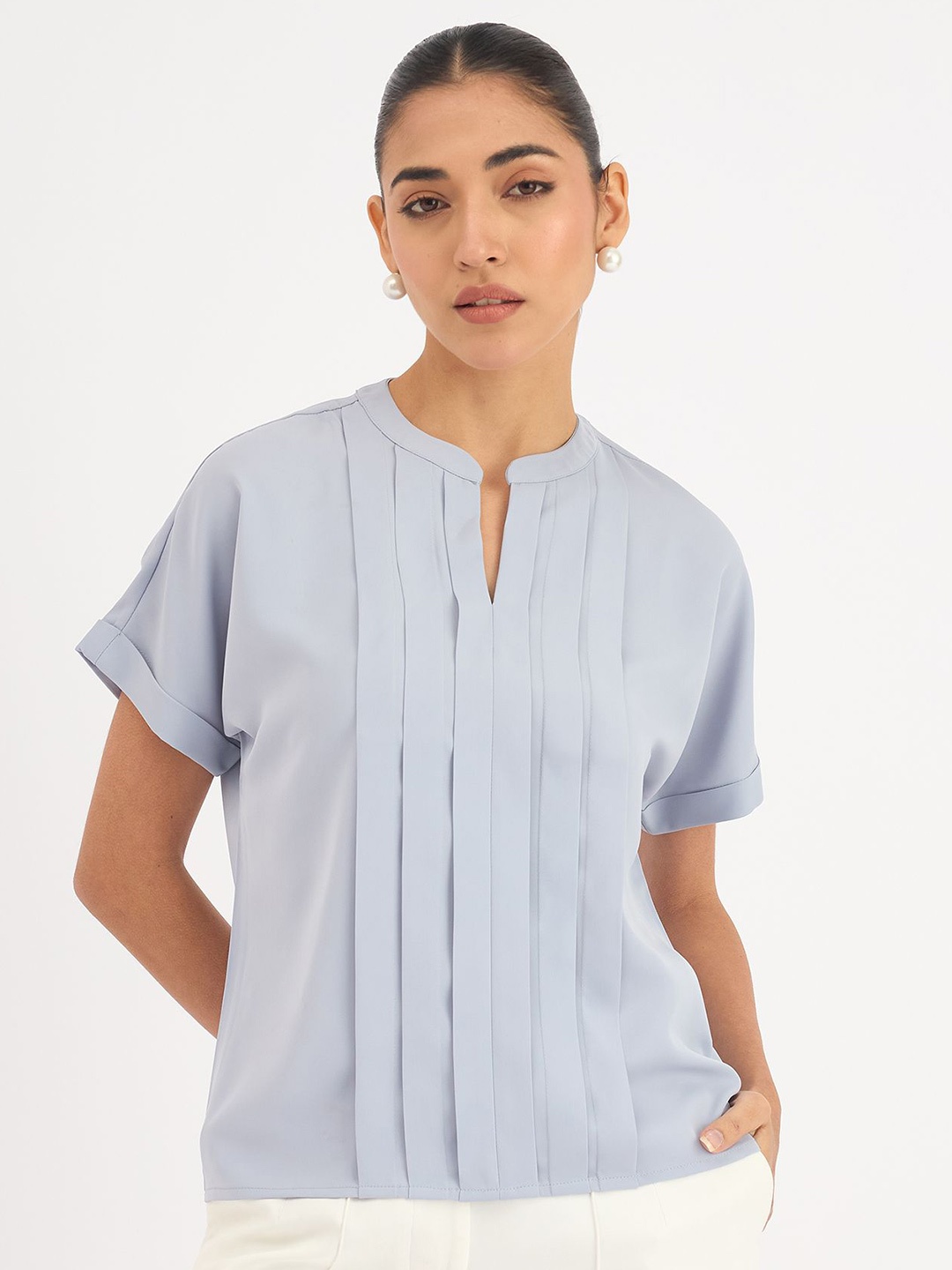 

SALT ATTIRE Women Mandarin Collar Short Sleeves Top, Blue
