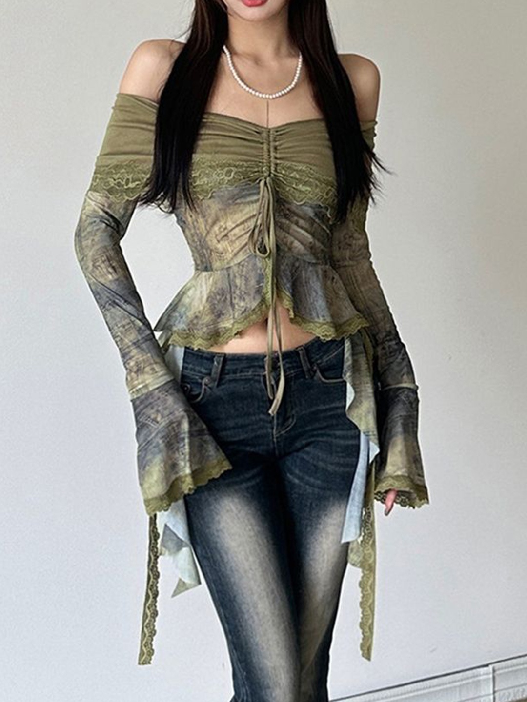 

LULU & SKY Print Off-Shoulder Bell Sleeve Bardot Crop Top, Green