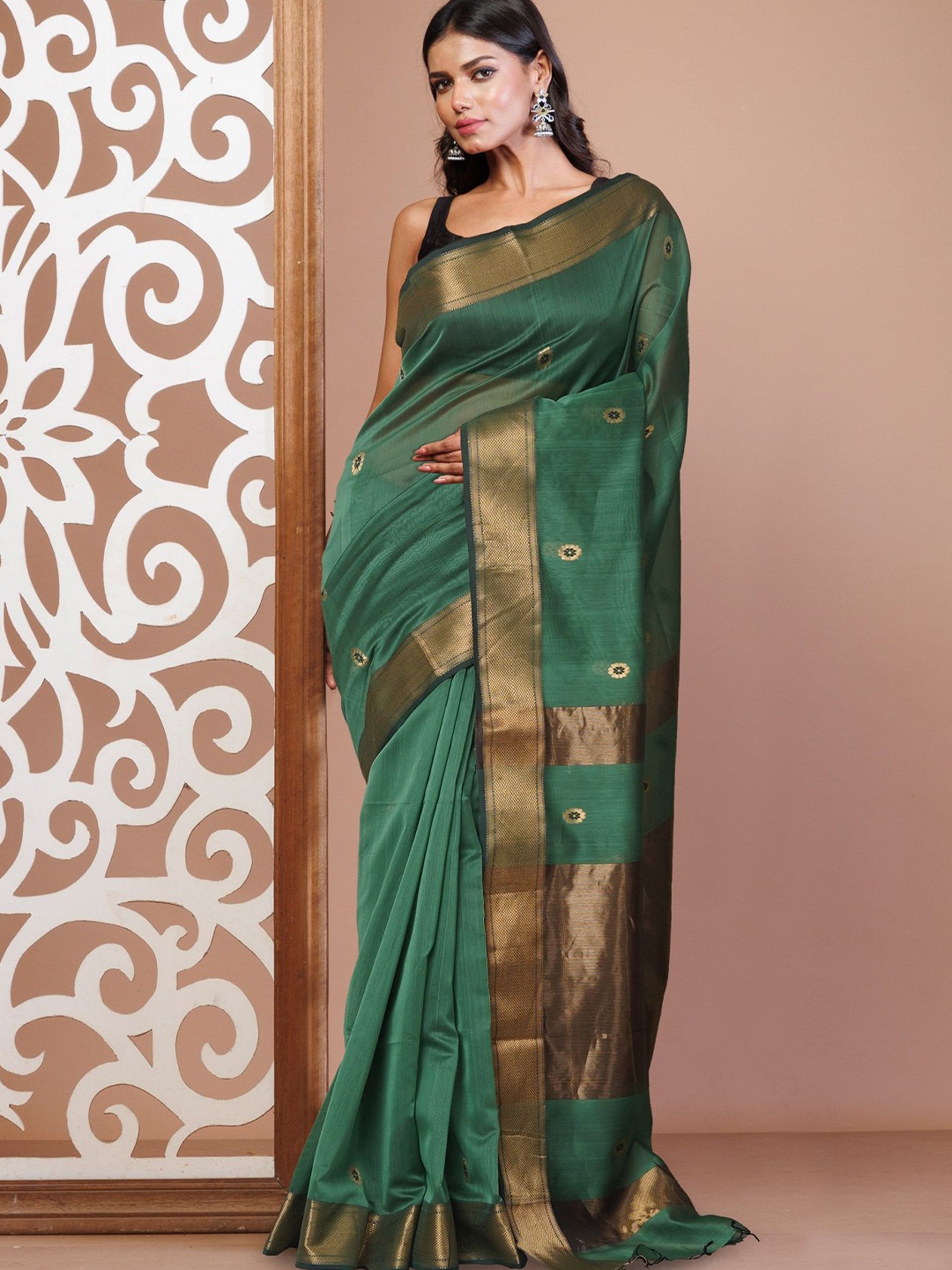 

Unnati Silks Woven Design Zari Maheshwari Saree, Green