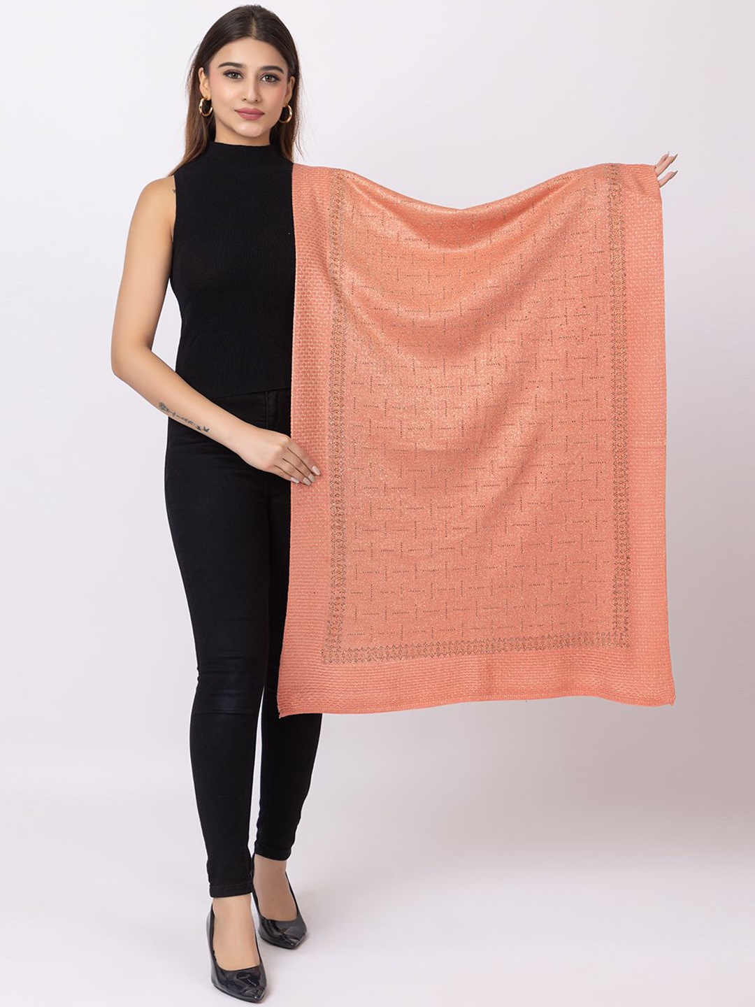 

PASHGIRI Women Floral Embroidered Shawl, Peach