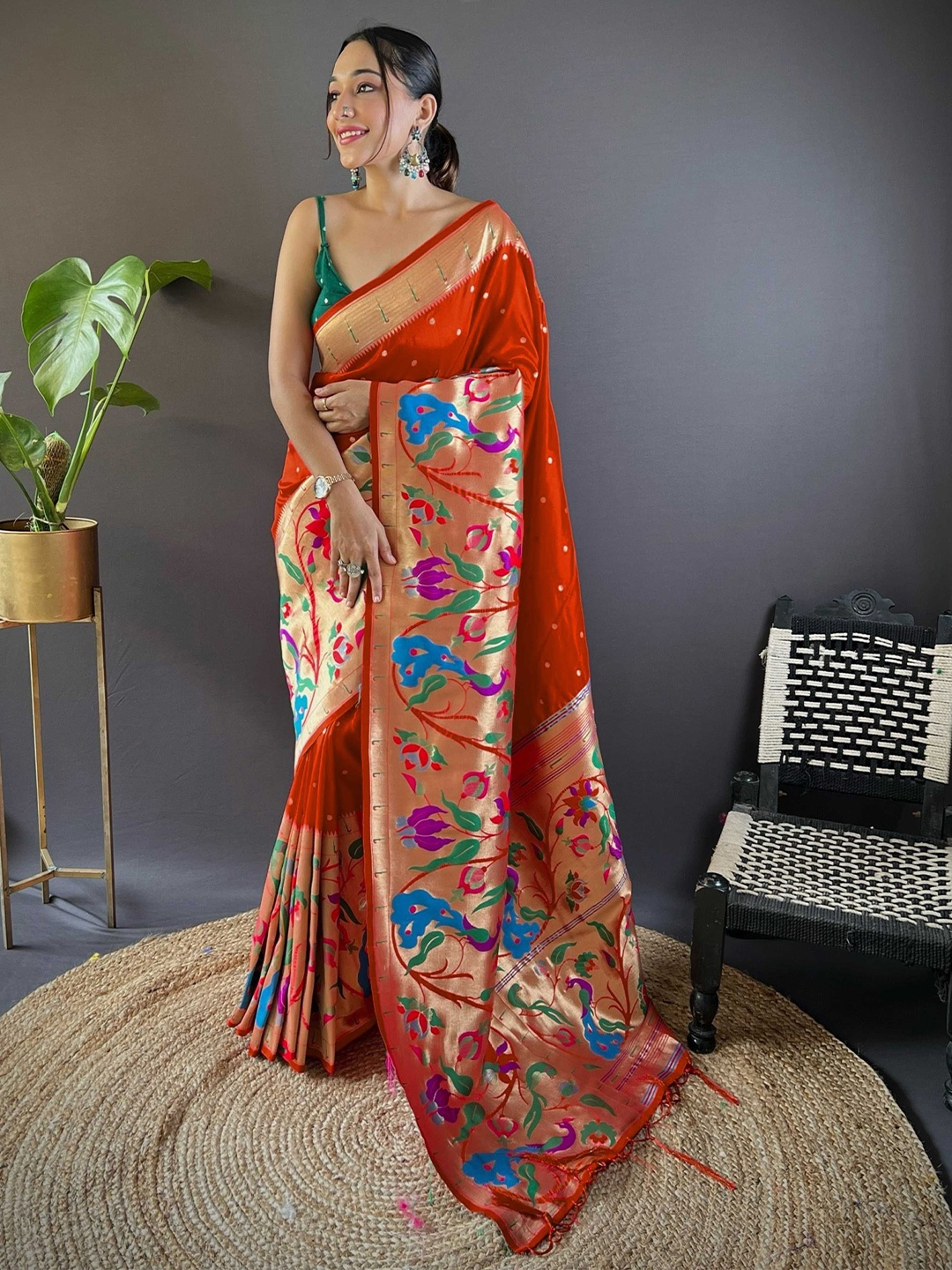 

Panzora Woven Design Zari Silk Blend Paithani Saree, Orange