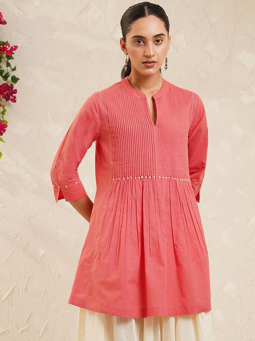 

JAYPORE Mandarin Collar Pleated A-Line Cotton Kurta, Pink