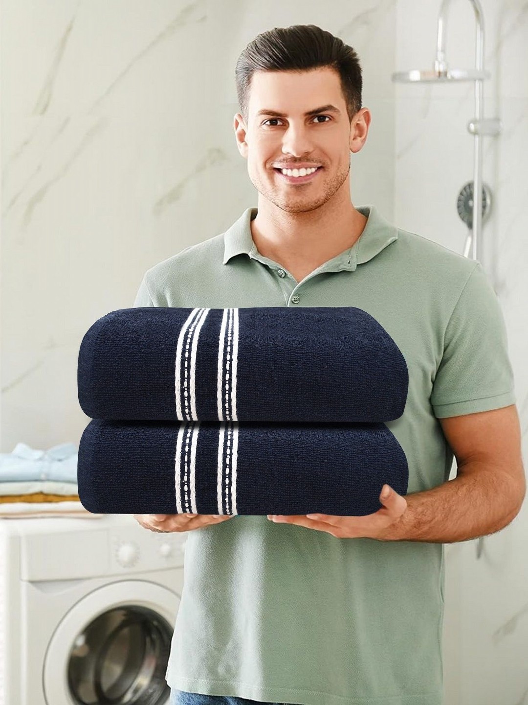

LADLI JEE Navy Blue & Pink 2 Pieces Striped Pure Cotton 400 GSM Bath Towels