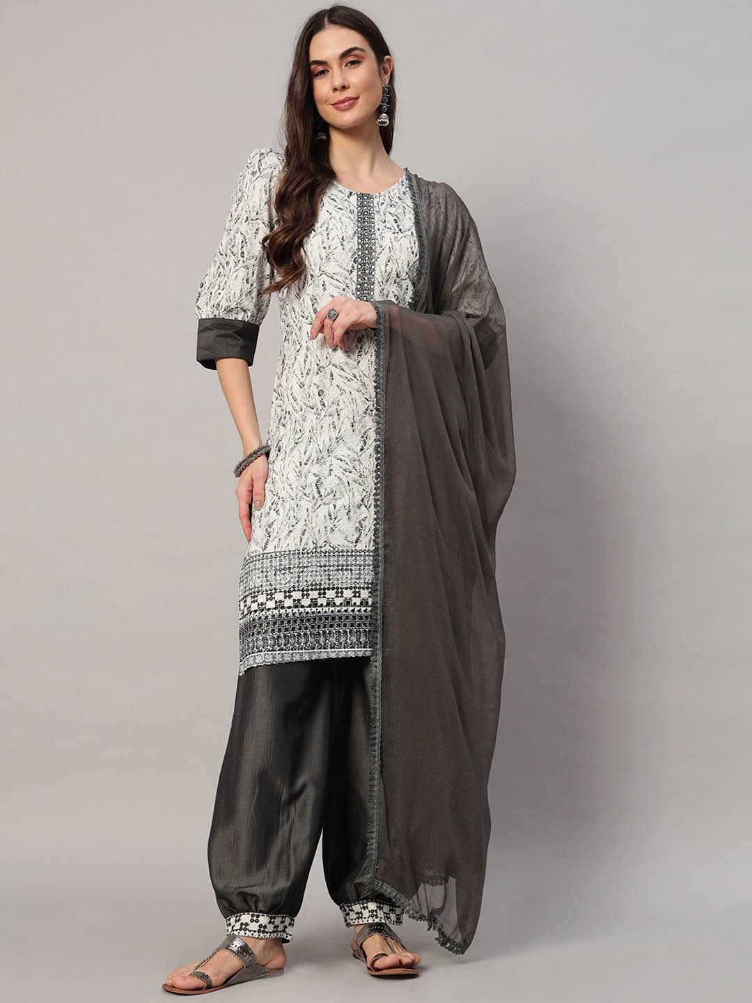 

Shopping Queen Floral Embroidered Straight Kurta with Dhoti Pants & Dupatta, Grey