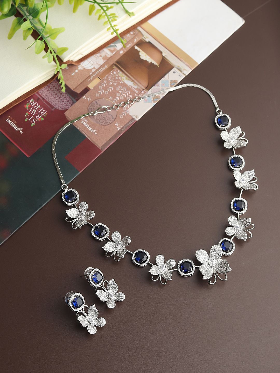 

RHOSYN Rhodium Plated American Diamond Studded Jewellery Set, Silver