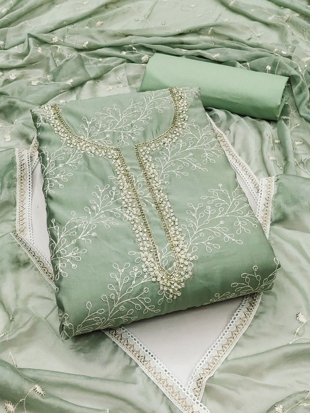 

Maroosh Floral Embroidered Beads Work Unstitched Dress Material, Sea green