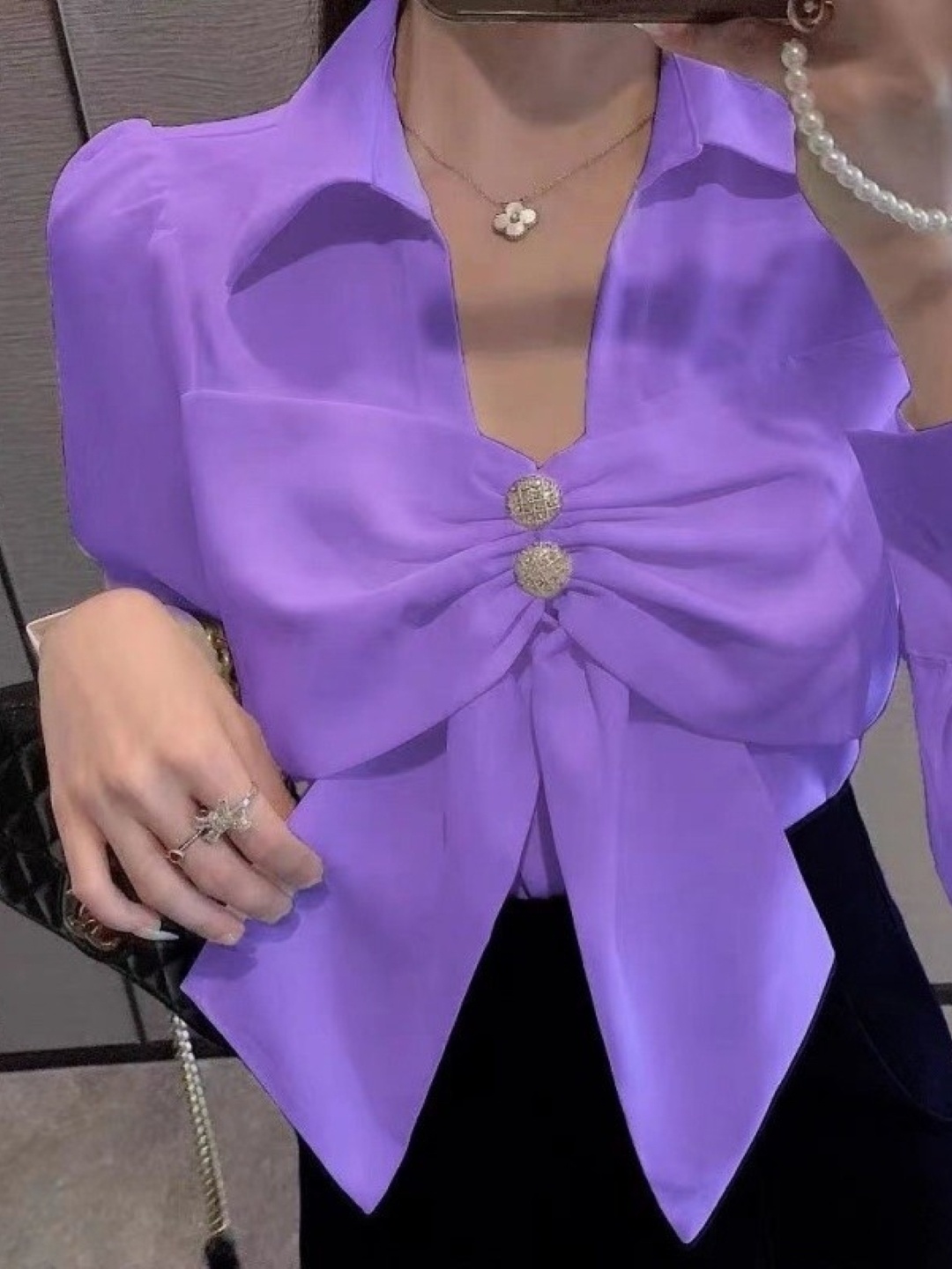 

HERE&NOW Shirt Collar Long Sleeves Top, Purple