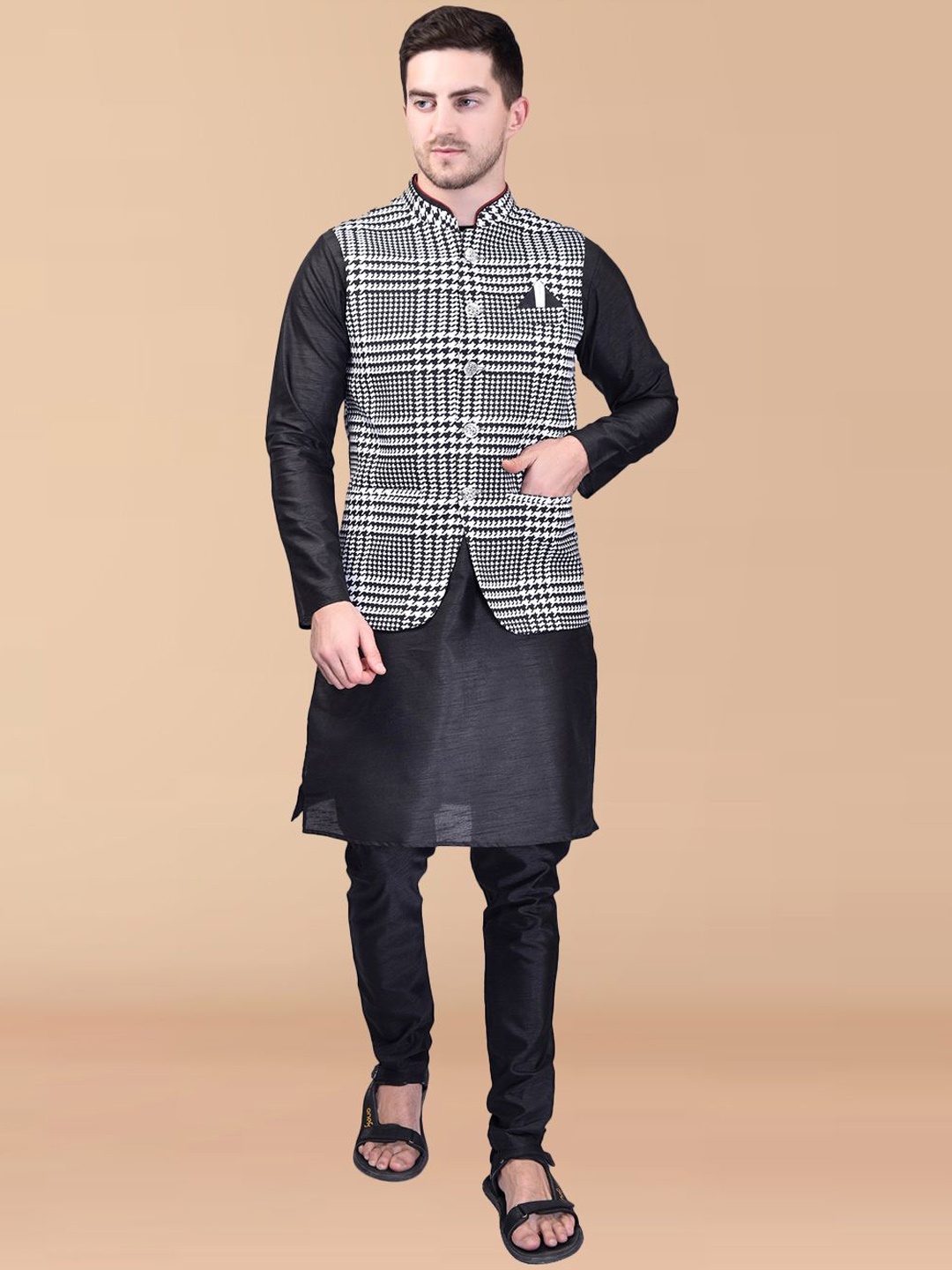 

PRINTINDIA Mandarin Collar Long Sleeves Regular Pure Silk Kurta & Trouser & Nehru Jacket, Black