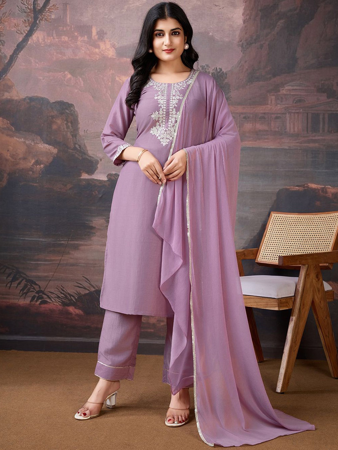 

House of Pataudi Embroidered Kurta & Trouser With Dupatta, Mauve