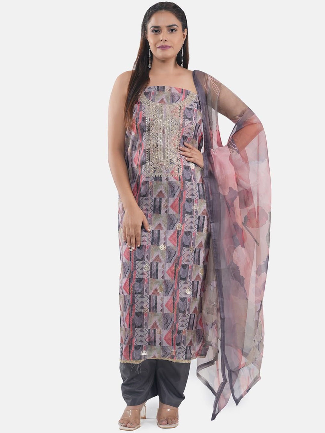

MOZAFIA Floral Embroidered Organza Unstitched Dress Material, Grey