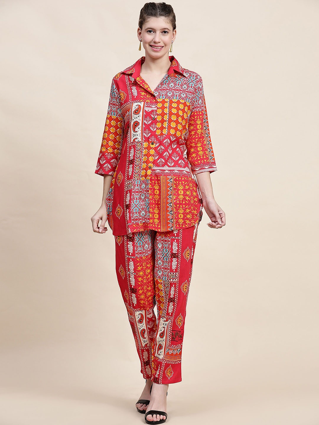 

TRUVON FASHIONS Printed Shirt & Trousers Co-Ord, Red