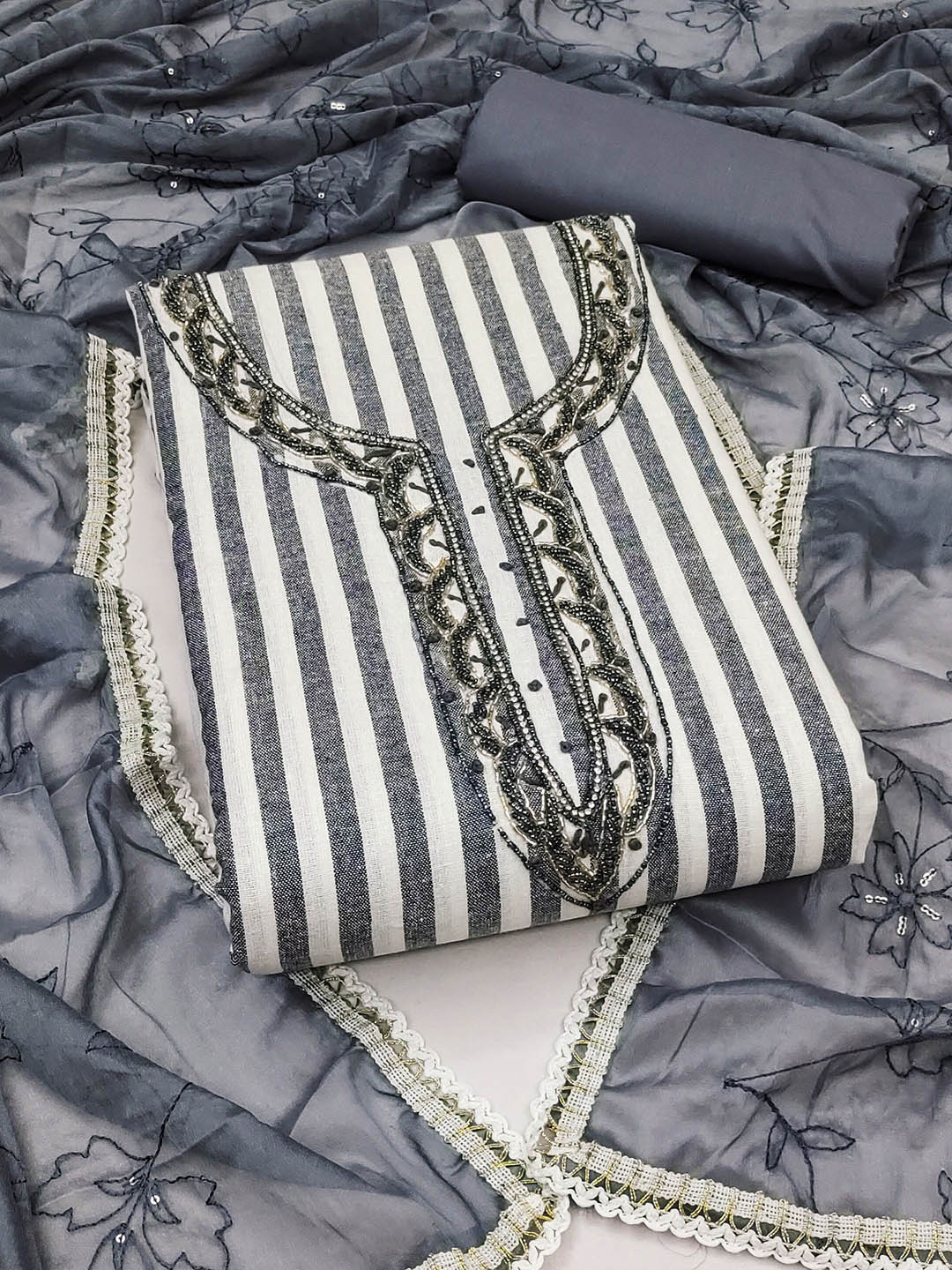 

Maroosh Striped Beads & Stones Embellished Unstitched Dress Material, Grey