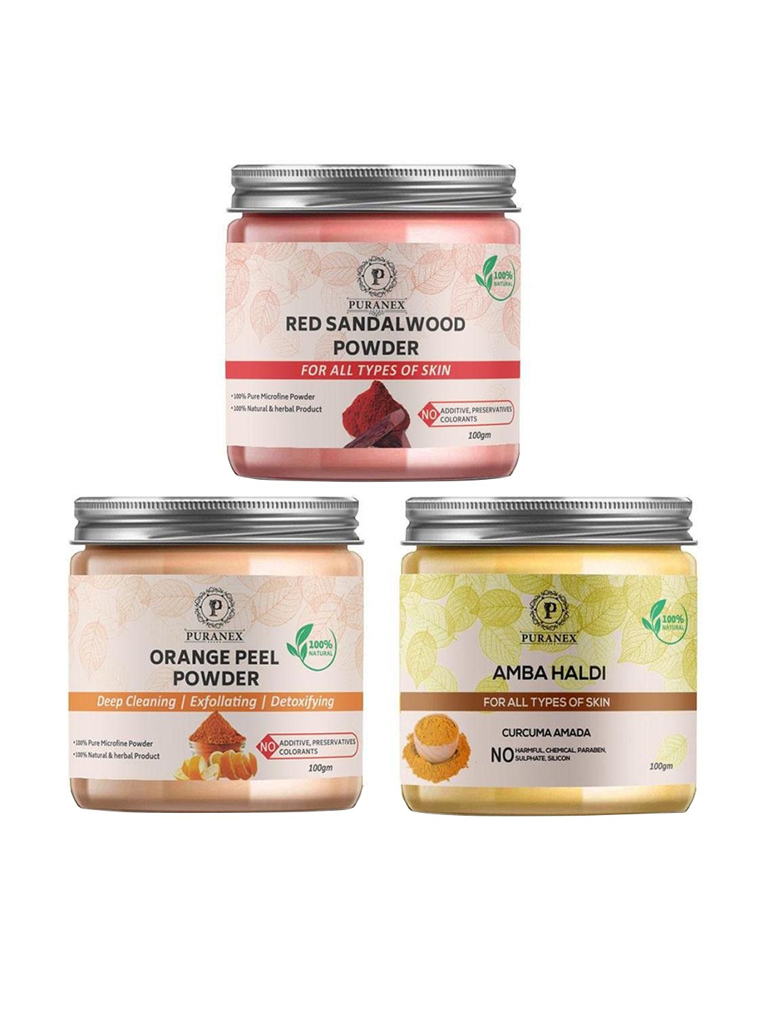 

Puranex Set Of 3 Red Sandal Wood , Orange Peel & Amba Haldi Powder For Skin - 100 g, White