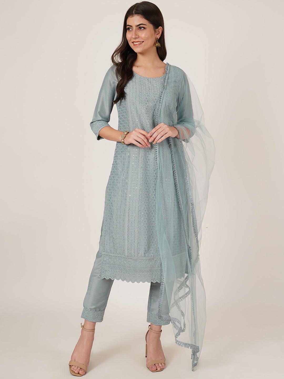 

Shopping Queen Floral Embroidered Straight Kurta with Pyjamas & Dupatta, Blue