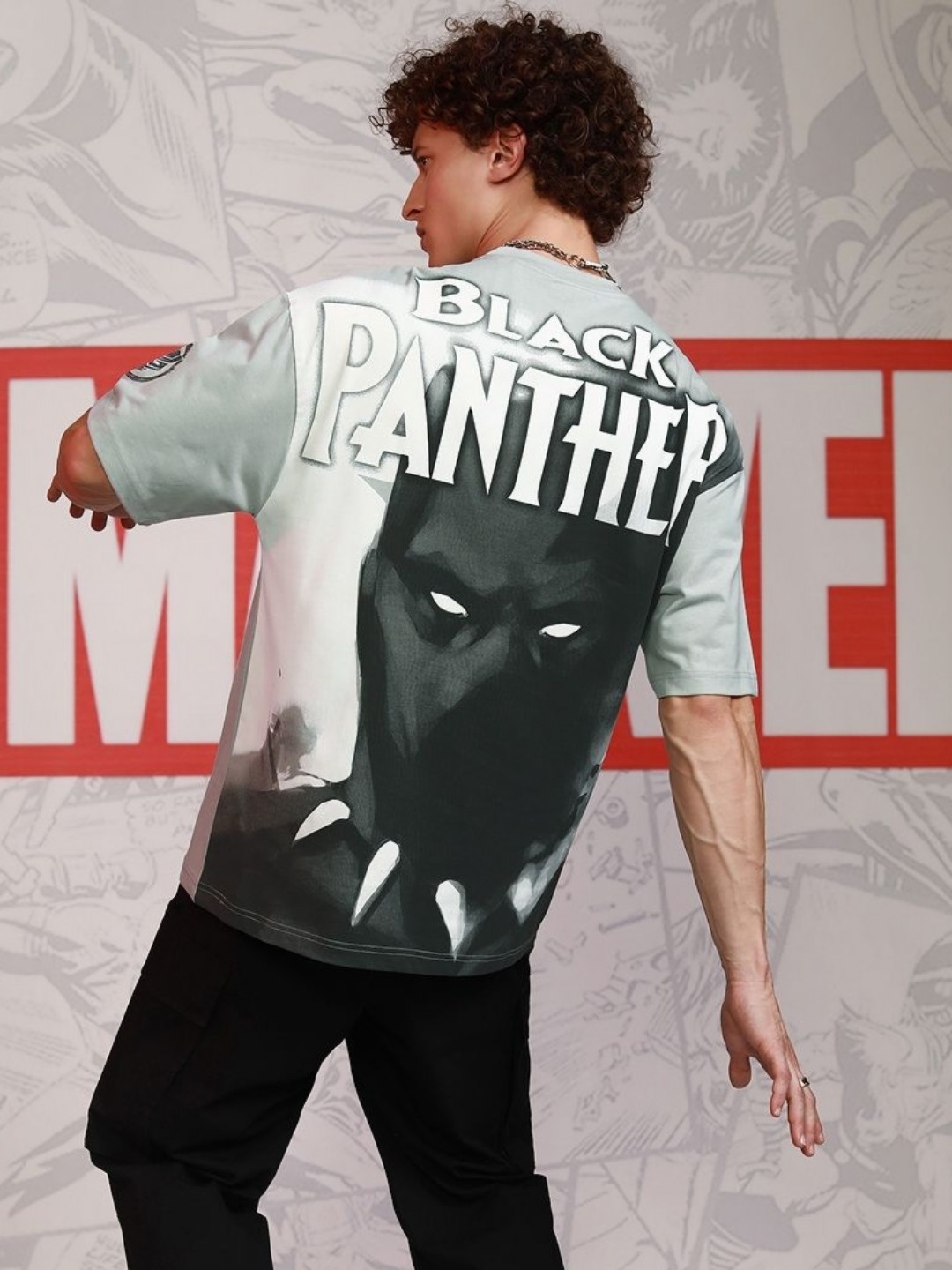 

HIGHLANDER Marvel Black Panther Men Round Neck Cotton Oversized Tshirts, Grey