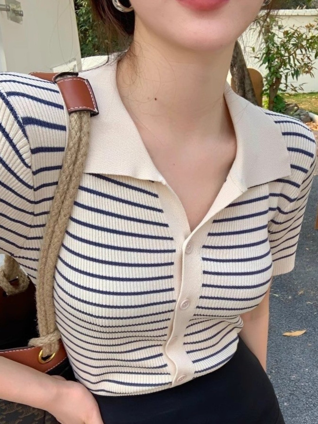 

HERE&NOW Shirt Collar Striped Top, White