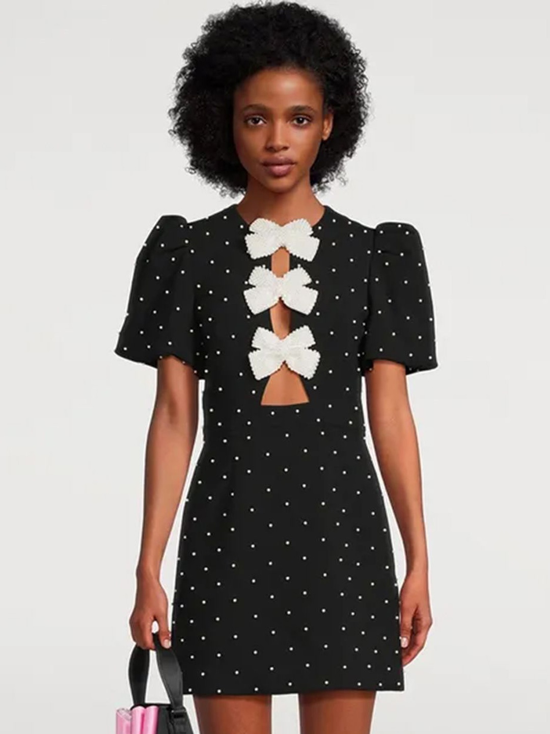 

LULU & SKY Polka Dot Print Keyhole Neck A-Line Dress, Black