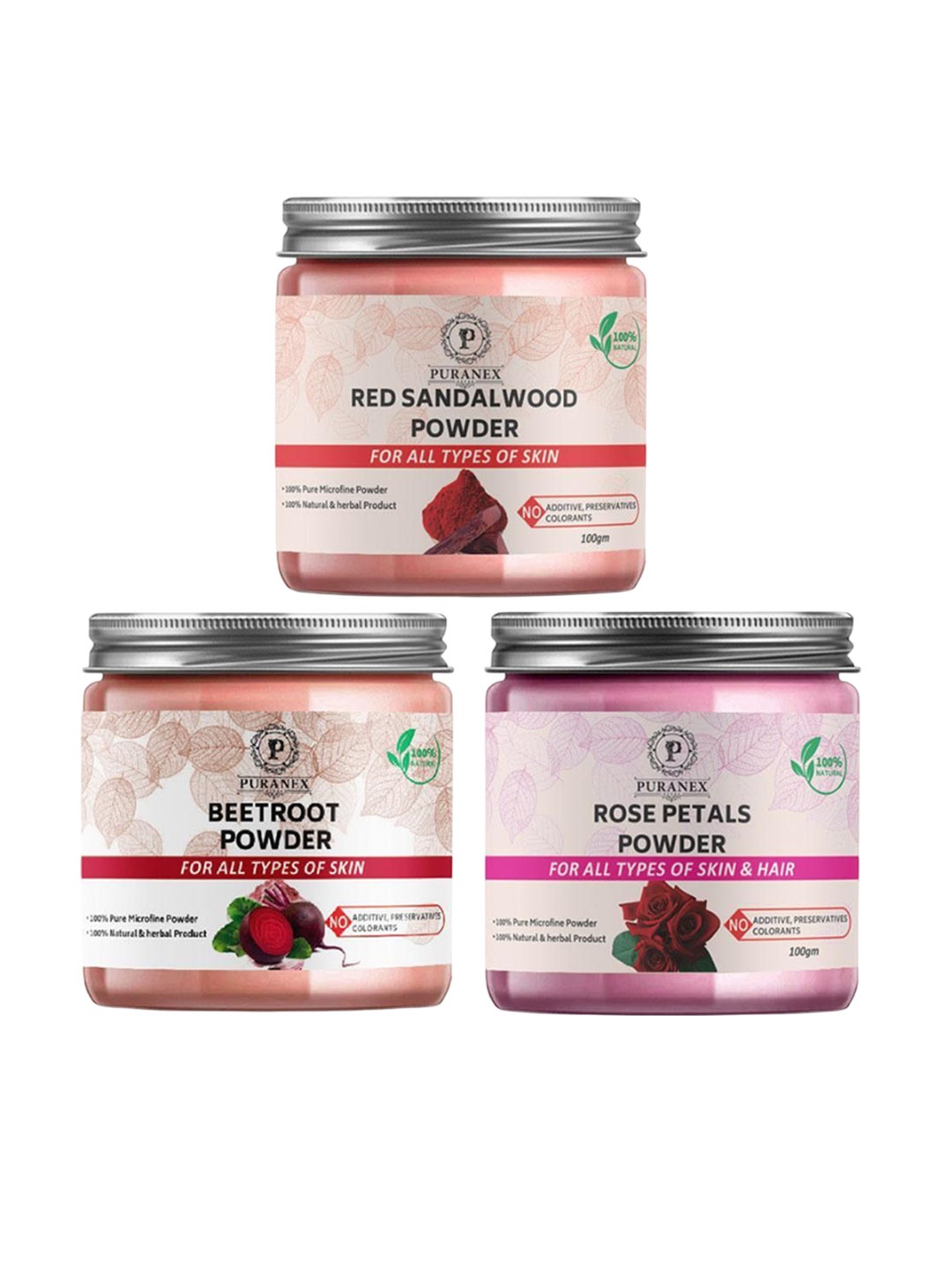 

Puranex Set Of 3 Red Sandalwood, Beetroot & Rose Petals Powder Face Pack, White