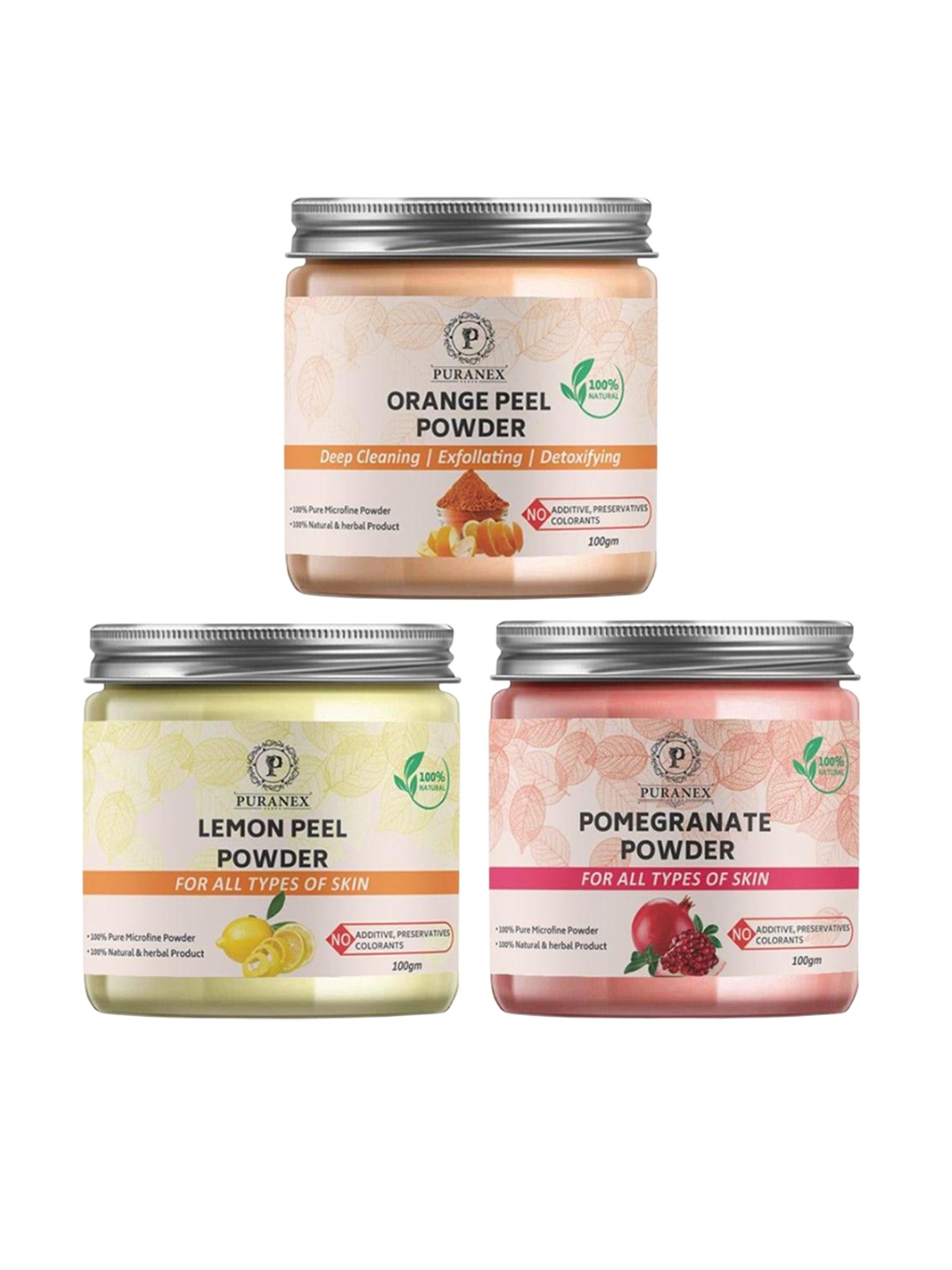 

Puranex Set Of 3 Orange Peel, Lemon Peel & Pomegranate Powder Face Pack, White