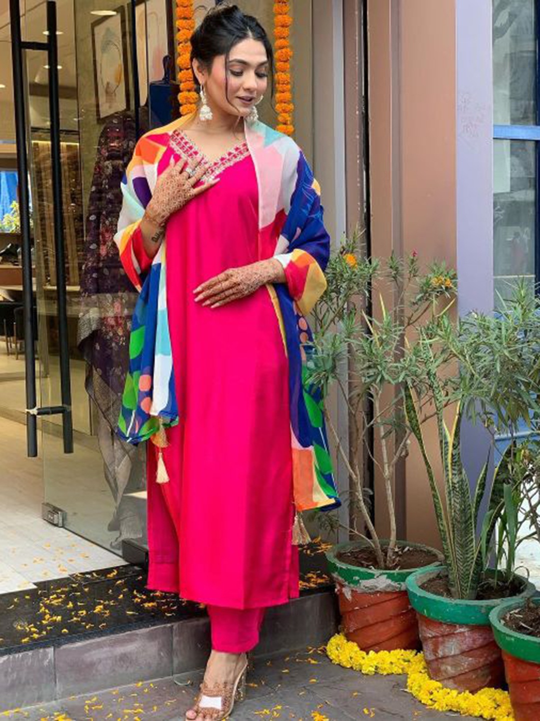 

KALINI Ethnic Motifs Embroidered Straight Kurta With Trouser & Dupatta, Pink