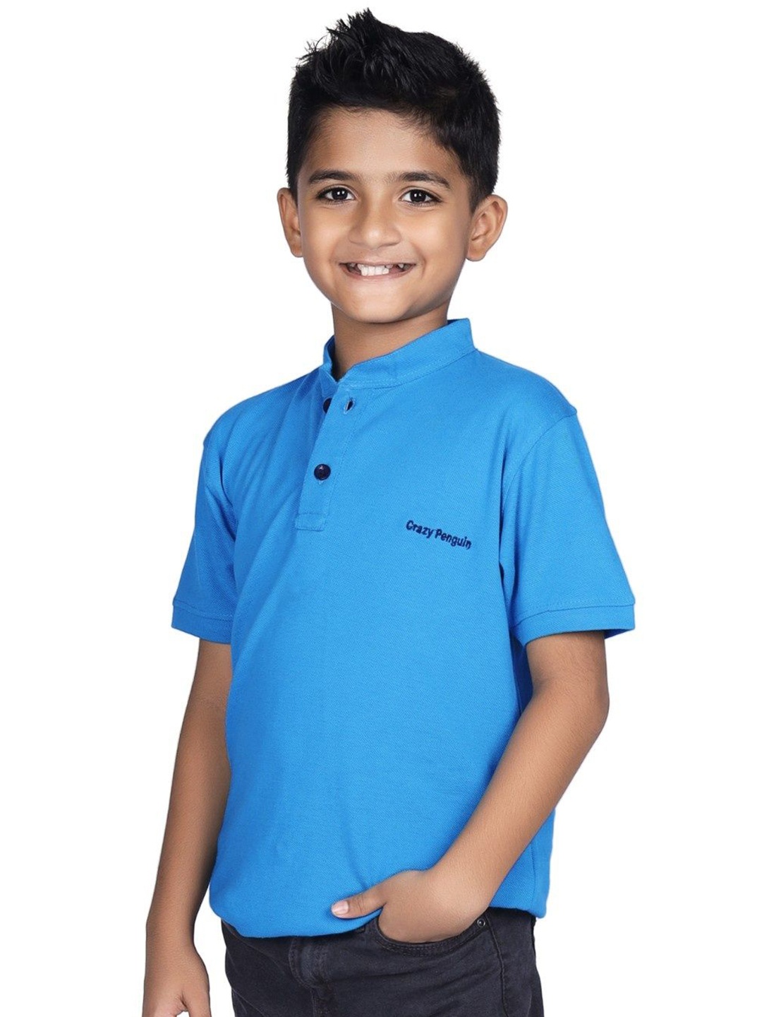 

CRAZYPENGUIN ELITE Boys Mandarin Collar Cotton T-shirt, Blue