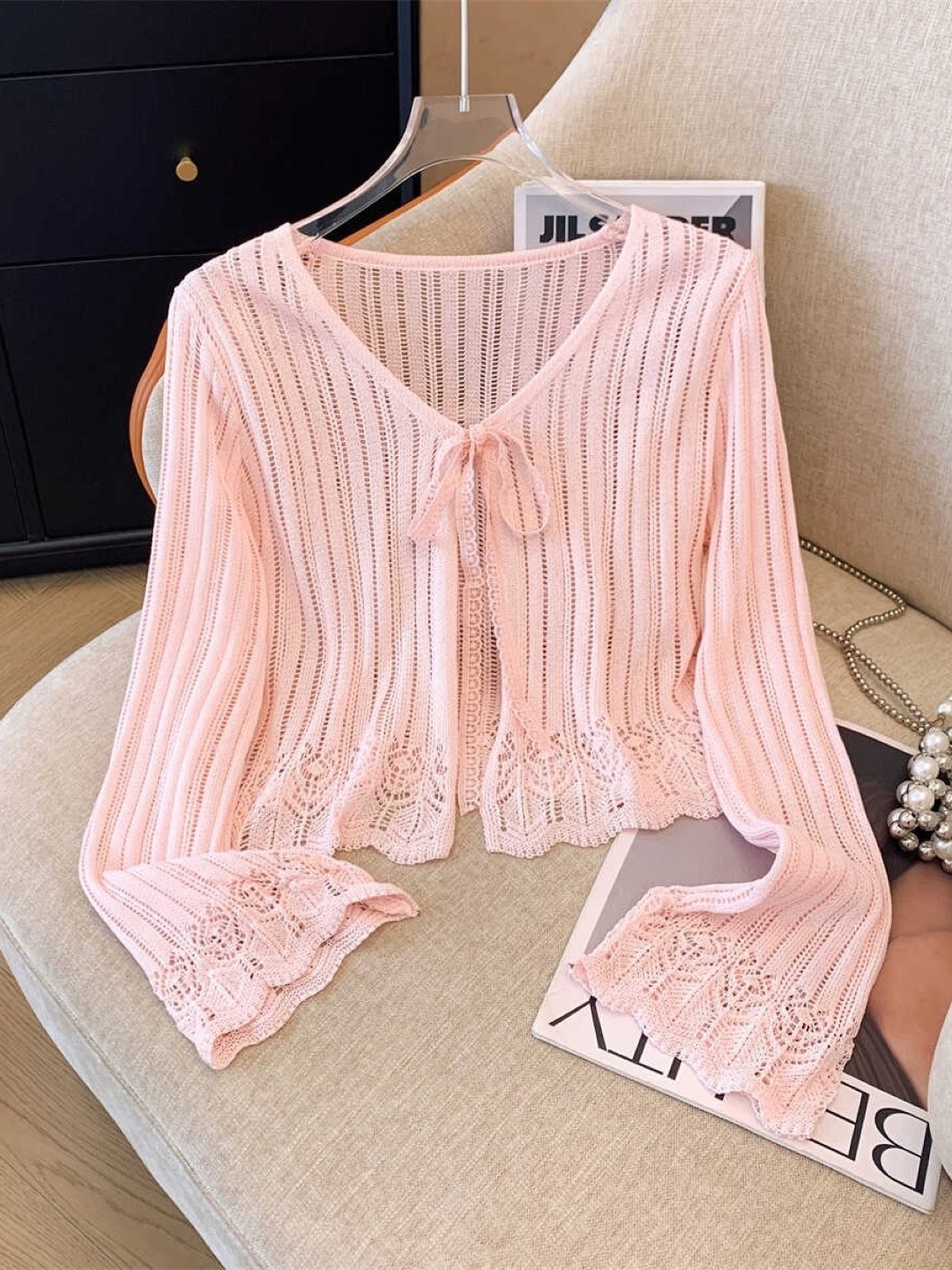 

KPOP Women Self Design Tie-Up Neck Bell Sleeve Top, Pink