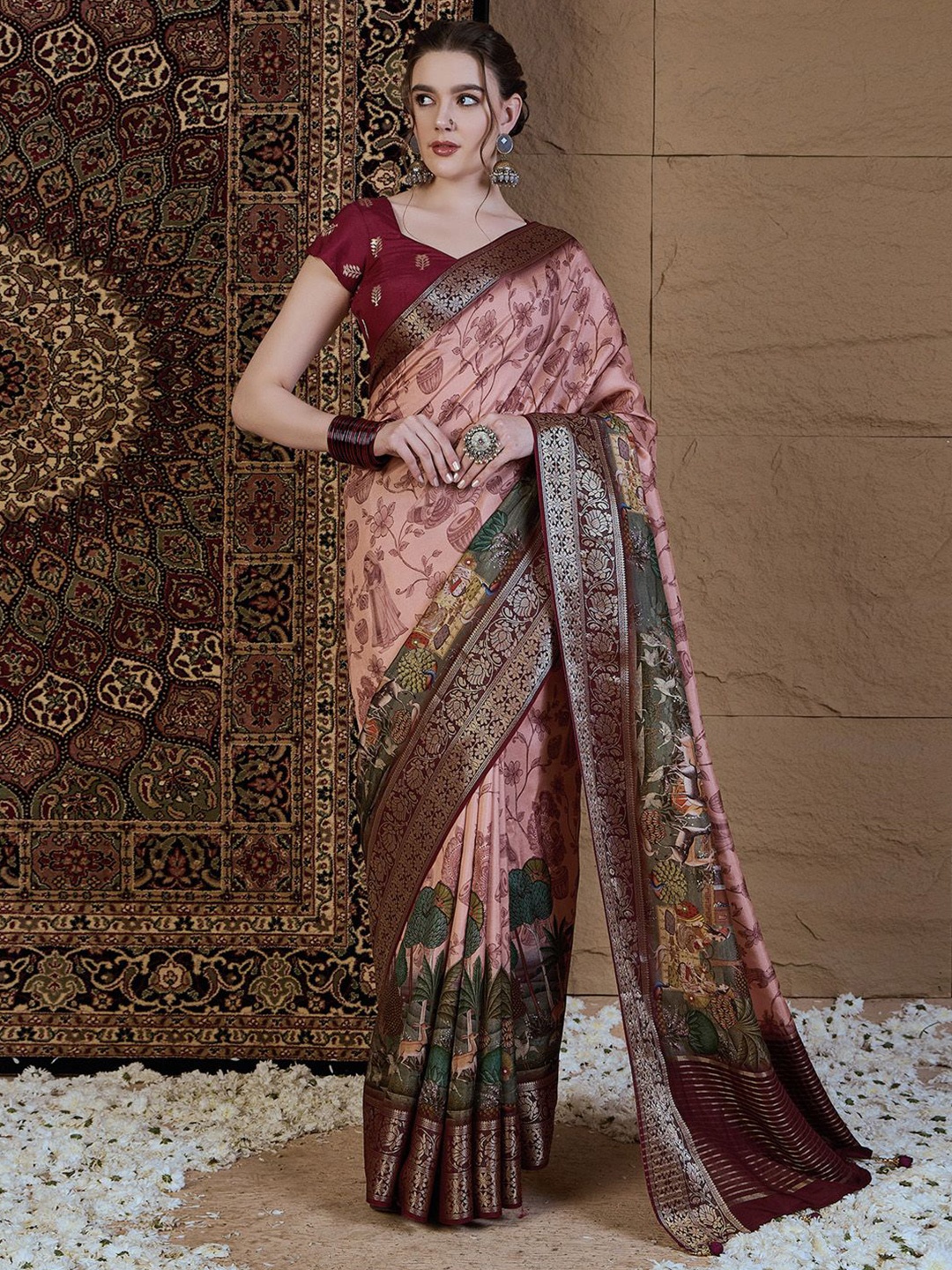

Anouk Kalamkari Zari Silk Blend Saree, Peach