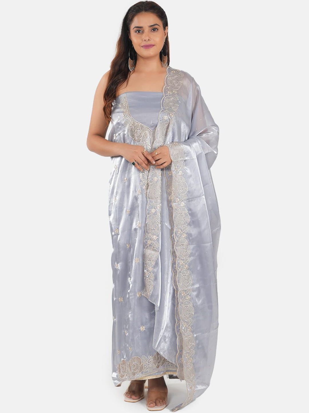 

MOZAFIA Floral Embroidered Zari Work Unstitched Dress Material, Grey