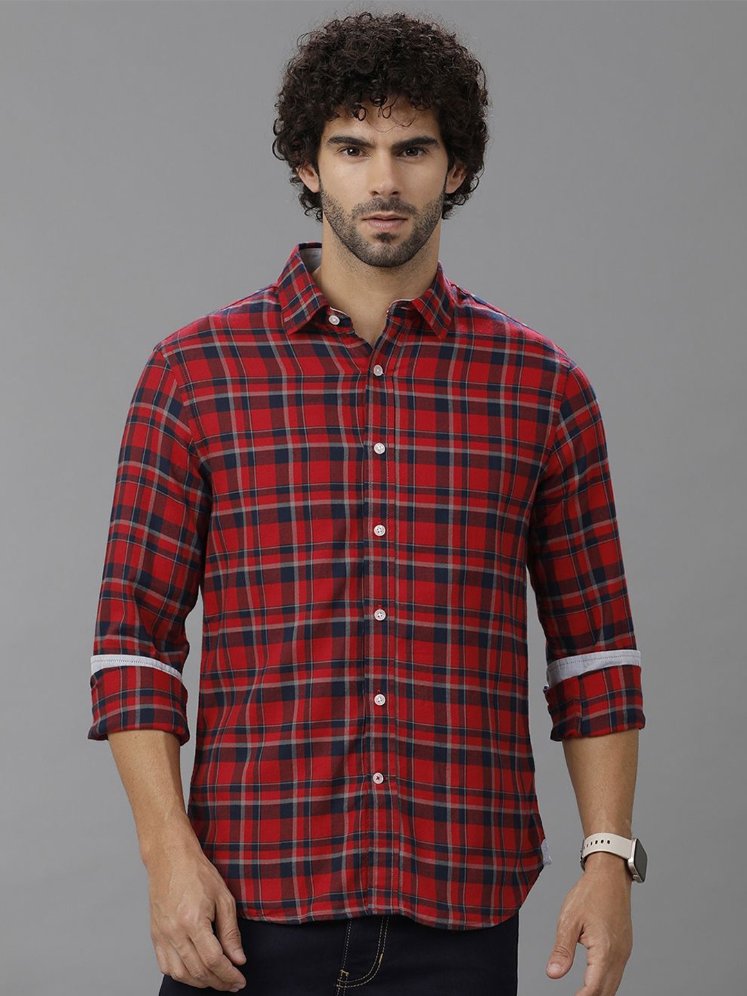 

Double Two Men Comfort Slim Fit Tartan Checks Opaque Checked Casual Shirt, Red
