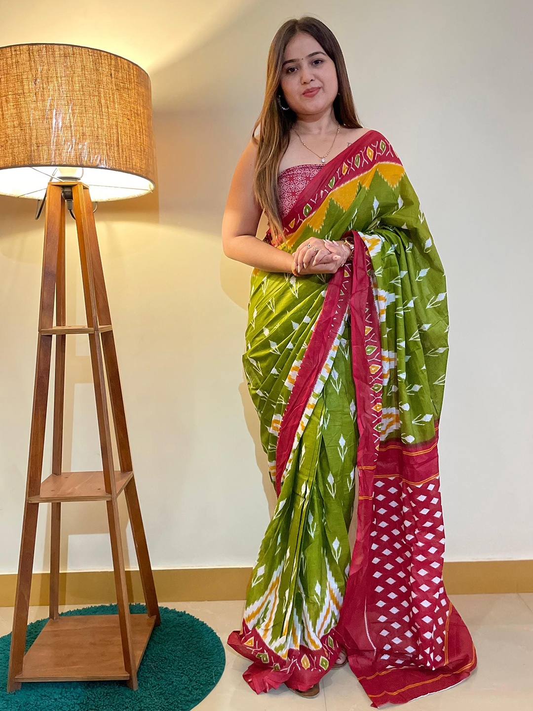 

HERE&NOW Pure Cotton Bagru Saree, Green