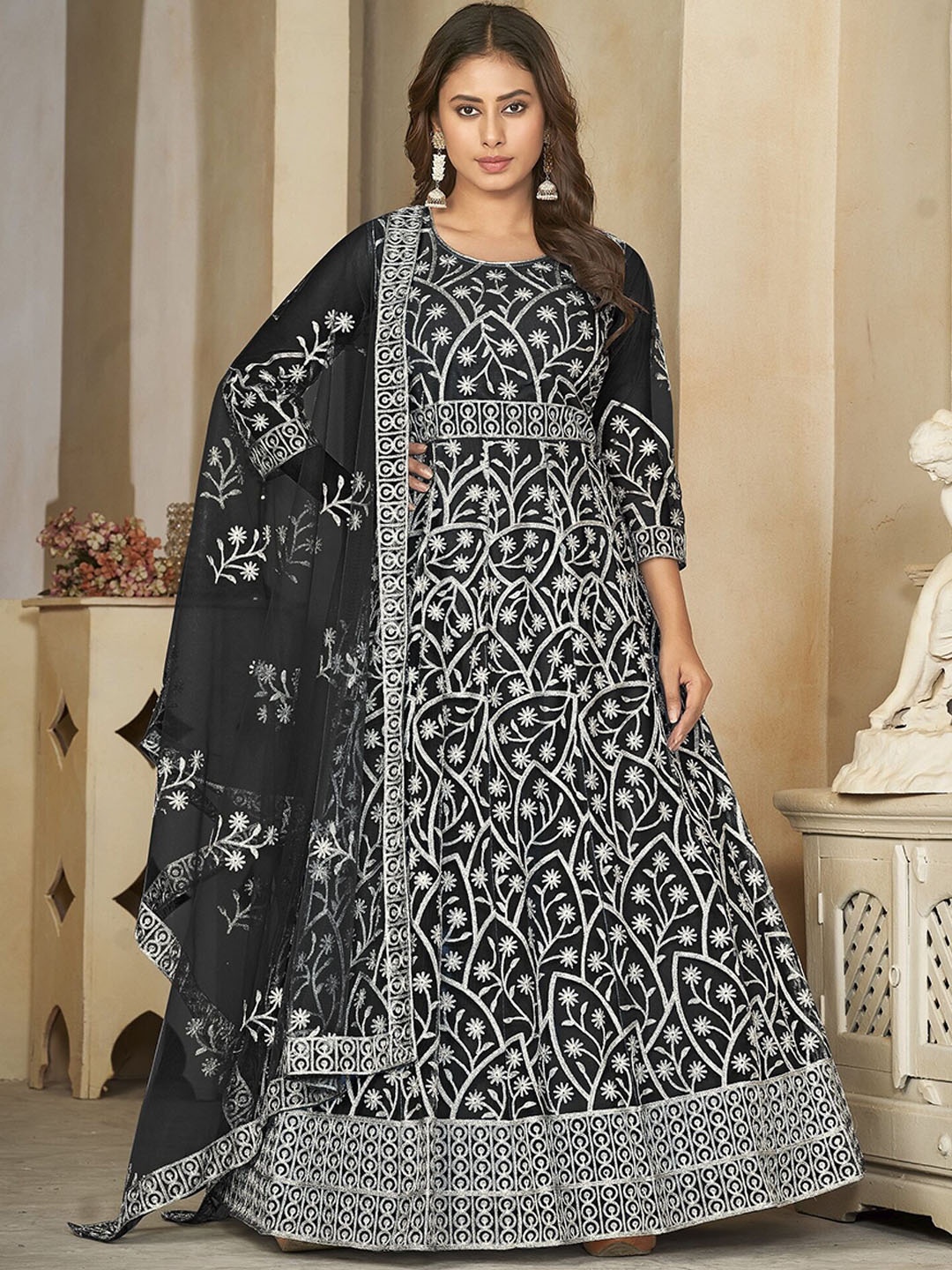 

Warthy Ent Floral Embroidered Semi-Stitched Dress Material, Black