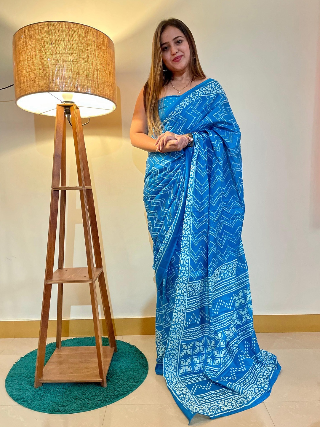 

HERE&NOW Pure Cotton Bagru Saree, Turquoise blue