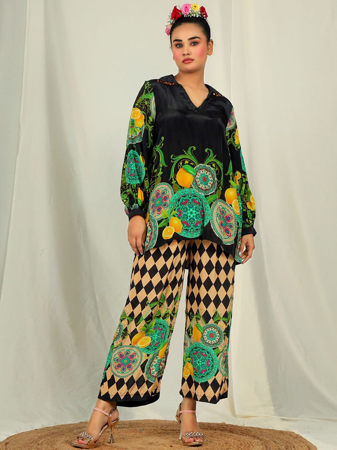 

EARTH O FAB Geometric & Pottery Print With Lemons Tunic With Trousers Co-Ords, Black