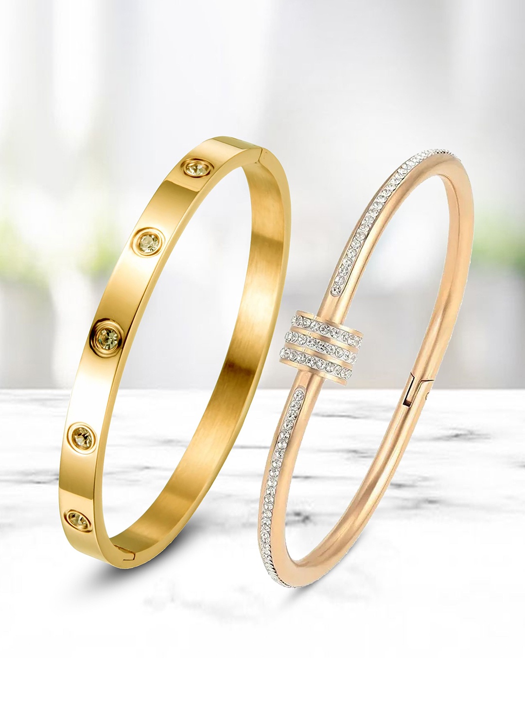 

MEENAZ Set Of 2 Gold-Plated AD Studded Stainless Steel Anti Tarnish Kada Bracelet
