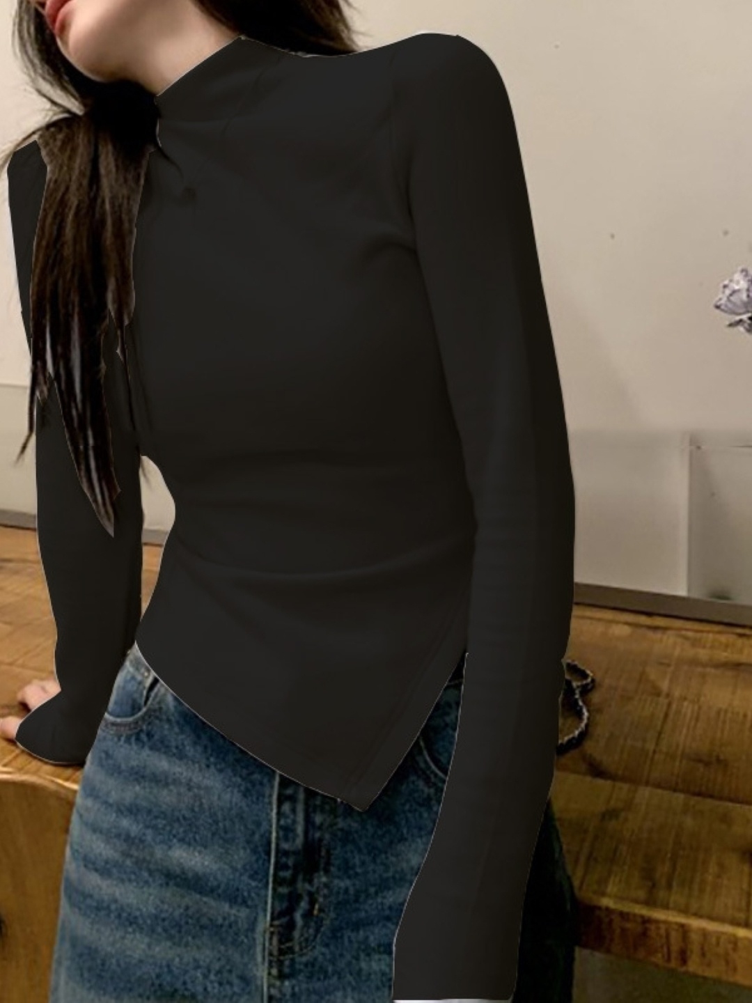 

HERE&NOW Mandarin Collar Extended Sleeves Top, Black