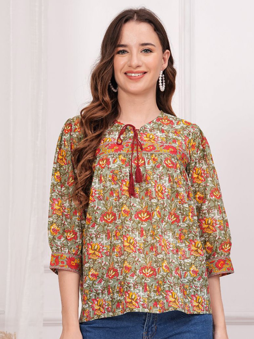 

KALINI Women Floral Printed Cotton Empire Top, Green
