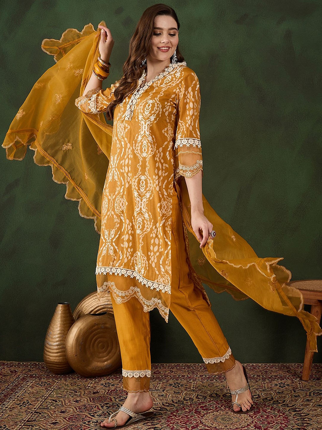 

Sangria Embroidered Kurta & Trouser With Dupatta, Mustard