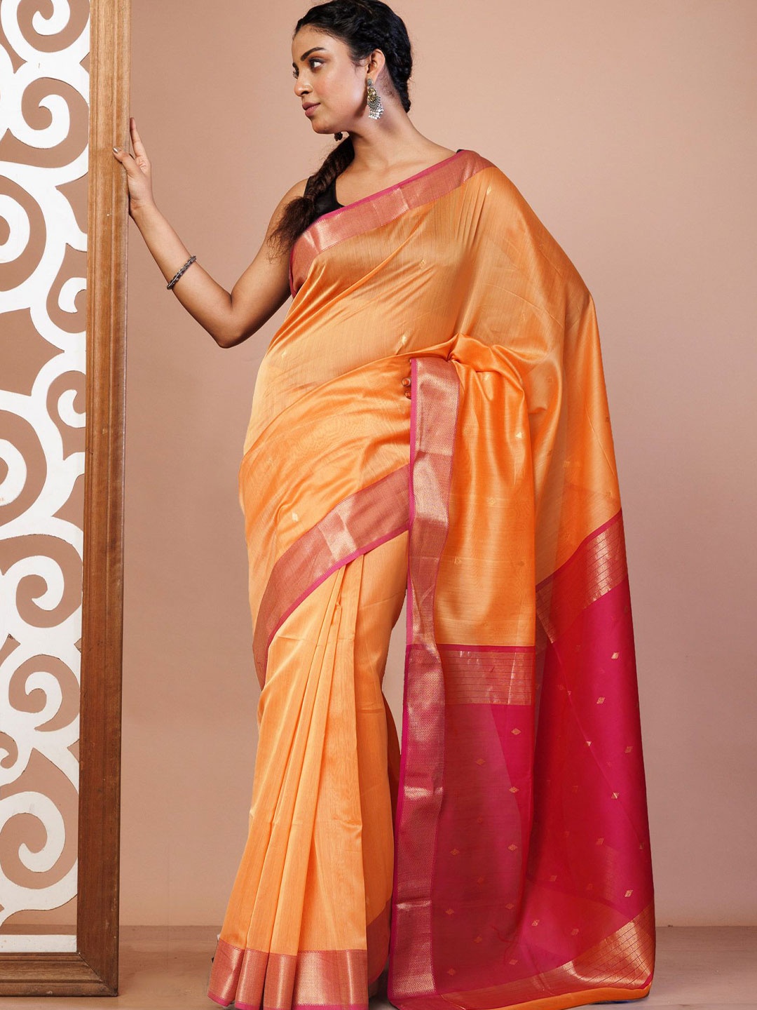 

Unnati Silks Woven Design Zari Maheshwari Saree, Orange