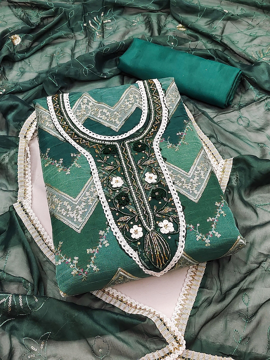 

Maroosh Chevron Embroidered Sequinned Organza Unstitched Dress Material, Green