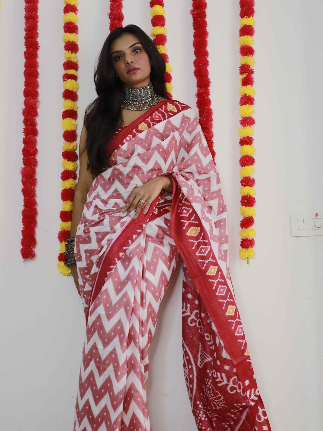 

HERE&NOW Geometric Printed Pure Cotton Bagru Saree, White