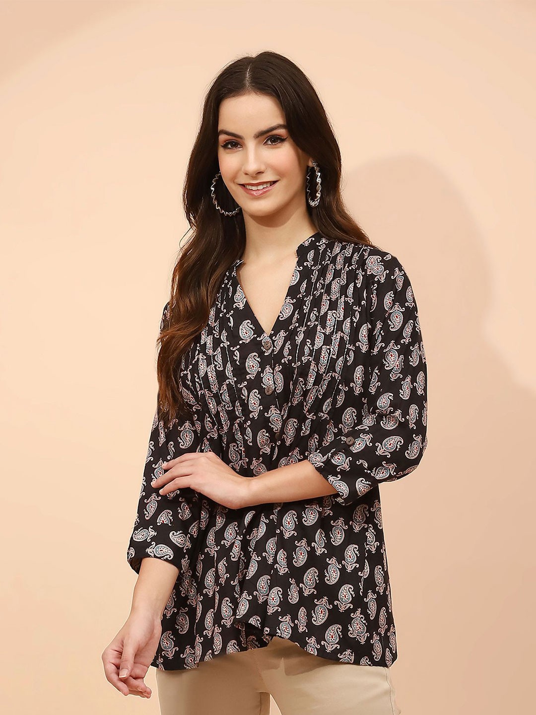 

Me&I Mandarin Collar Printed Tunic, Black