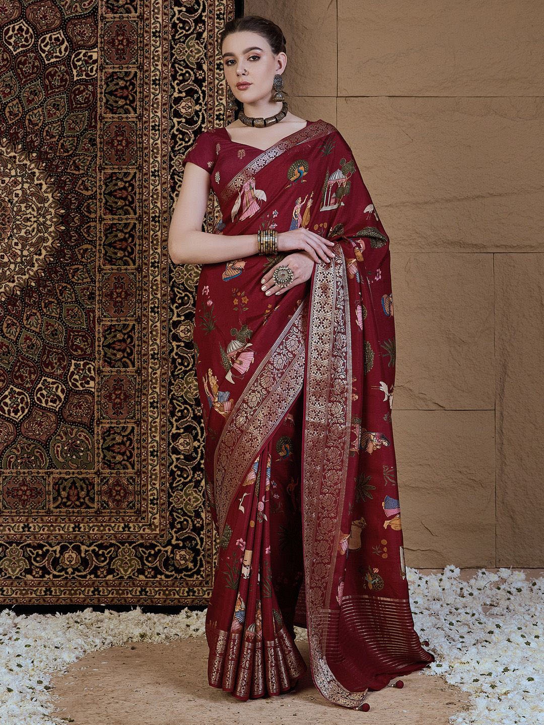 

Anouk Kalamkari Zari Silk Blend Sungudi Saree, Maroon