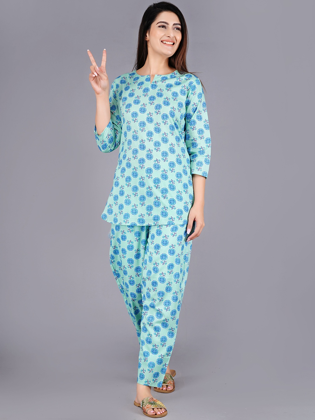 

MISS REKHA Printed Pure Cotton Tunic & Trousers Co-Ords, Blue