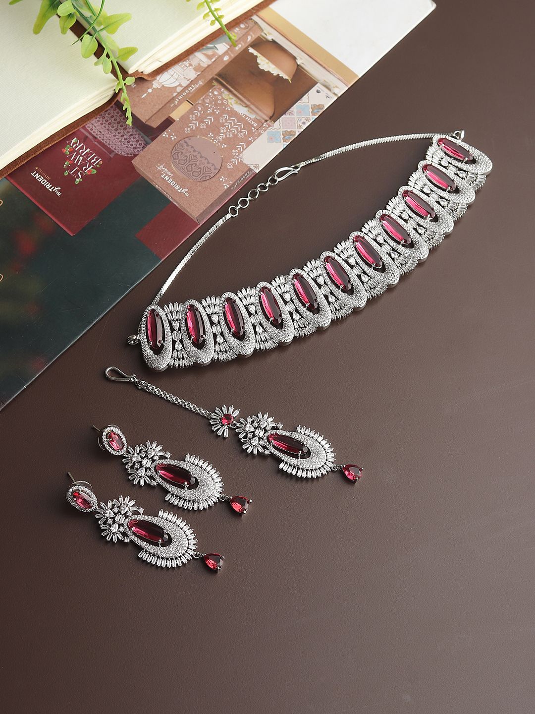 

RHOSYN Rhodium-Plated American Diamond Studded Jewellery Set, Silver
