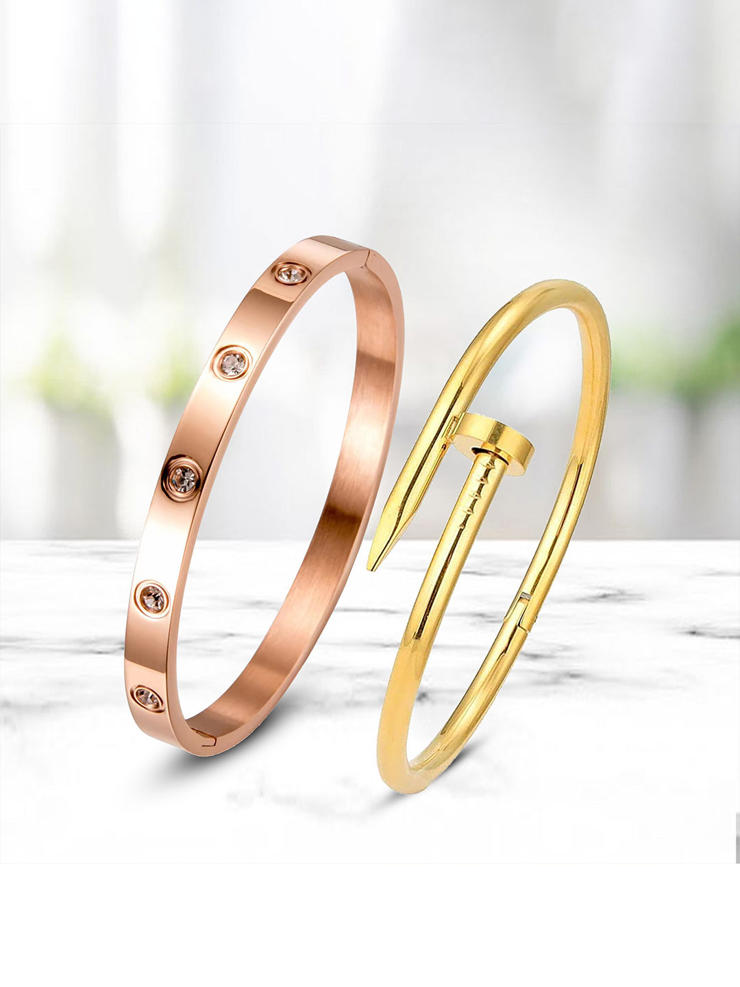 

DIVASTRI Set Of 2 Rose Gold-Plated Stainless Steel AD Anti Tarnish Evil Eye Kada Bracelets